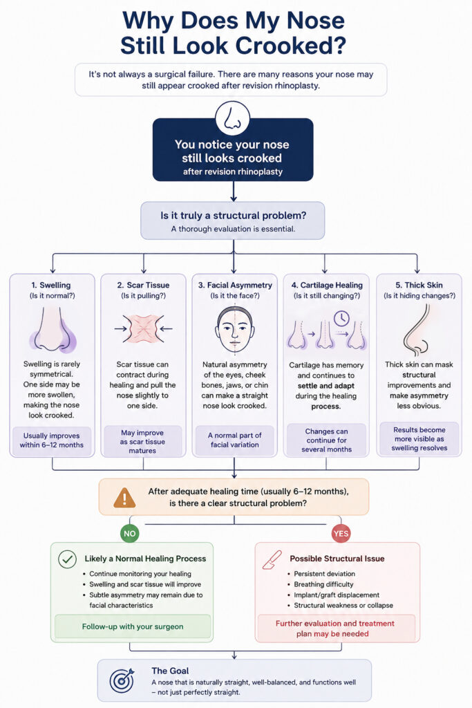Flowchart explaining why a nose may still look crooked after revision rhinoplasty, including swelling, scar tissue, facial asymmetry, cartilage healing, and thick skin.
