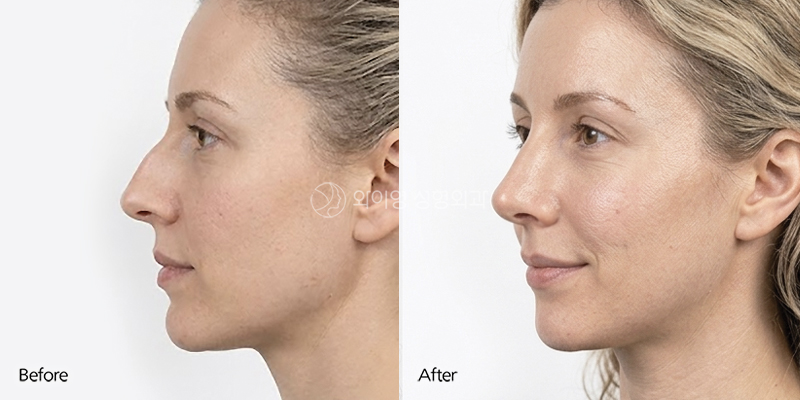 Side-view before and after rhinoplasty for a crooked nose and dorsal hump in a female patient using autologous rib cartilage.