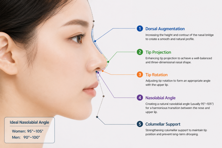 Key components of modern rhinoplasty including dorsal augmentation, tip projection, tip rotation, nasolabial angle, and columellar support